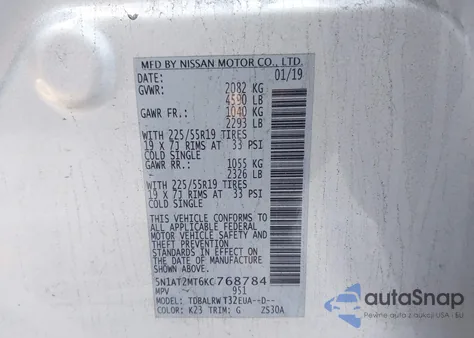 2019 Nissan Rogue Sl from USA, damaged, VIN 5N1AT2MT6KC768784